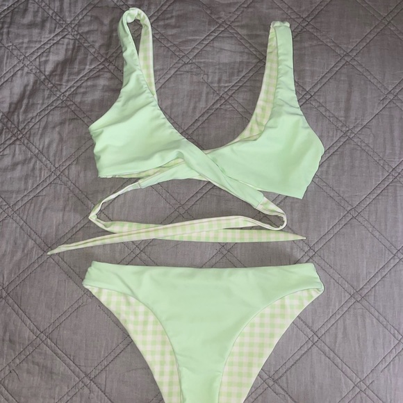 Reversible Green/Checkered Tie Swimsuit - Picture 1 of 2